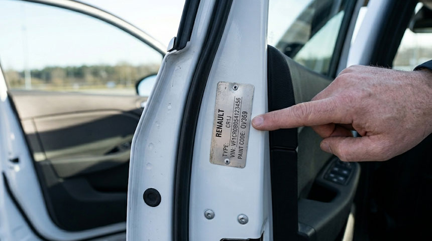 Расположение кода краски Рено на стойке пассажирской двери